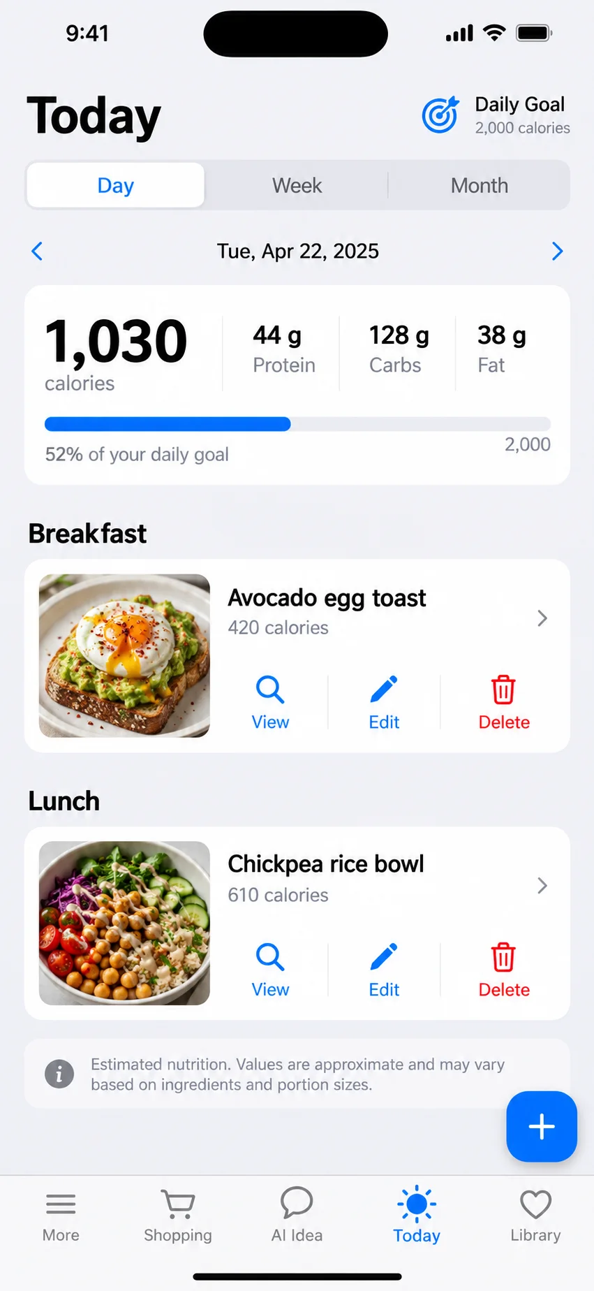View Your Food Diary by Day, Week, or Month