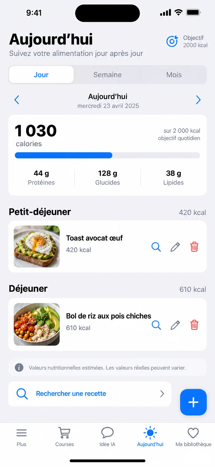 Journal alimentaire par jour, semaine et mois