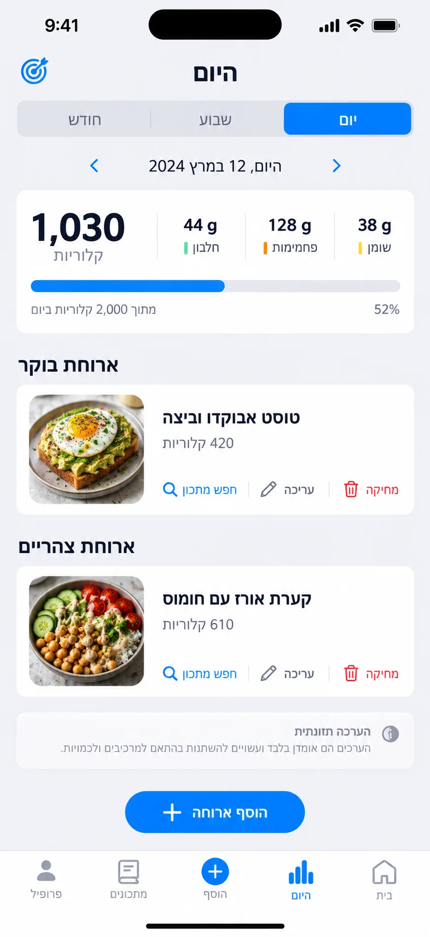 יומן אוכל יומי, שבועי וחודשי