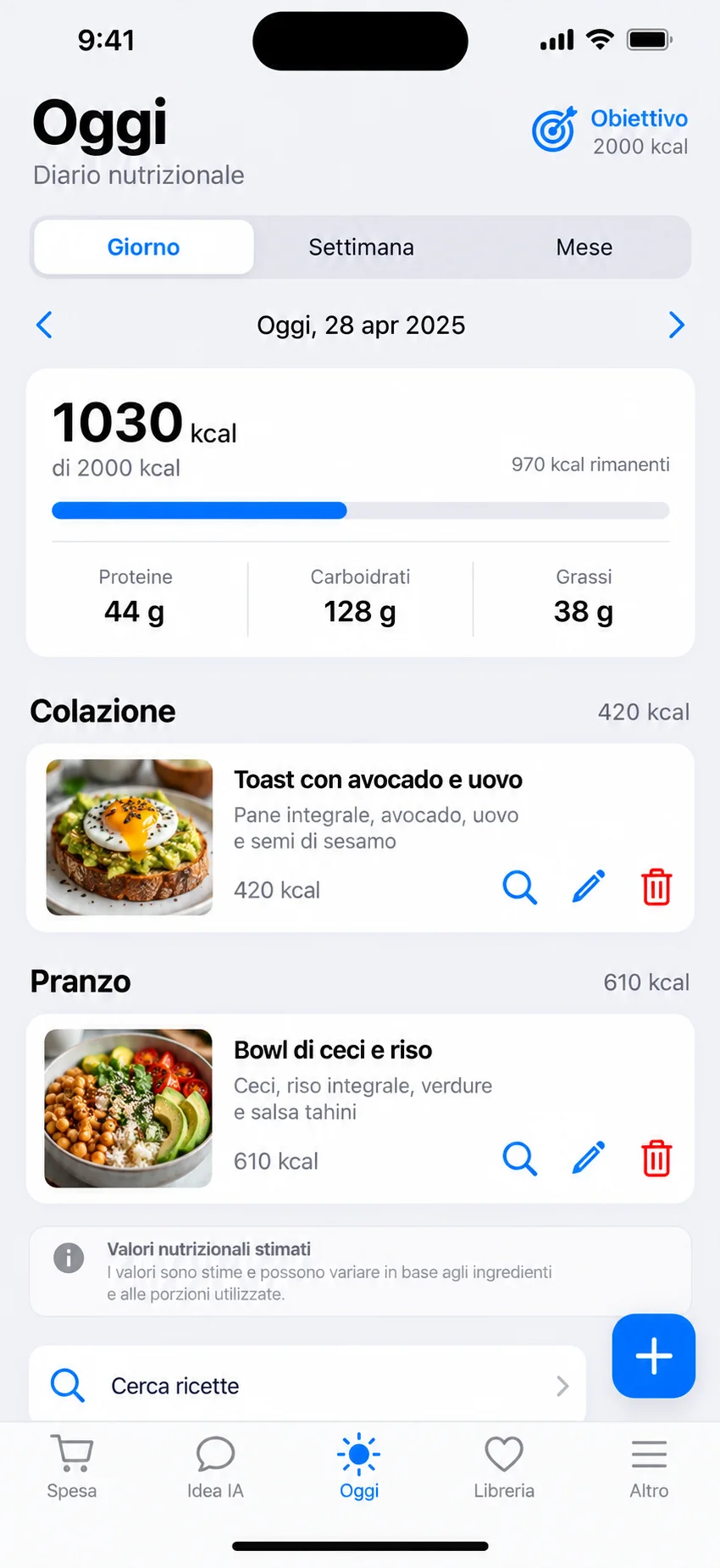 Diario alimentare giornaliero, settimanale e mensile