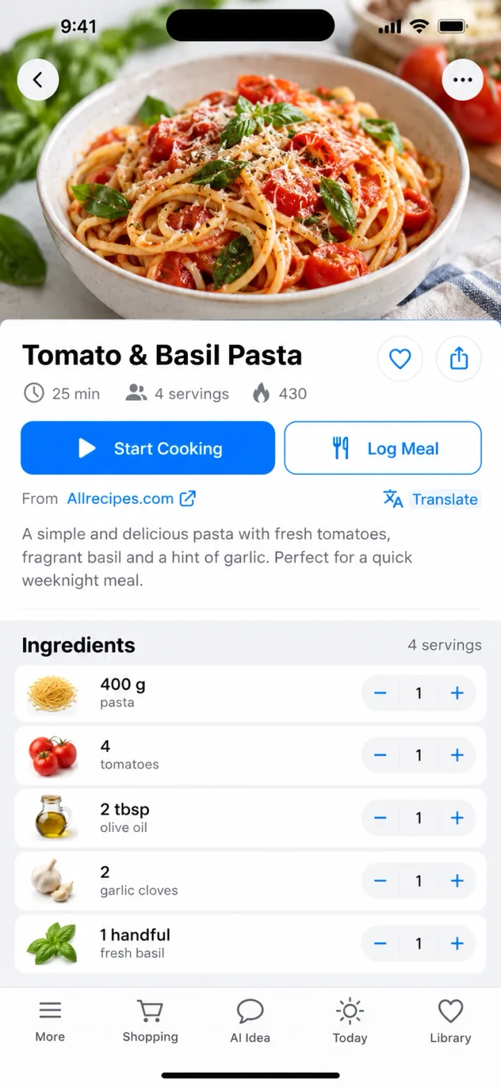 Recipe organized into ingredients and quantities in RecipeAI