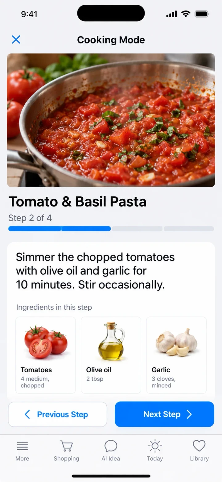 Follow recipe instructions in RecipeAI Cooking Mode