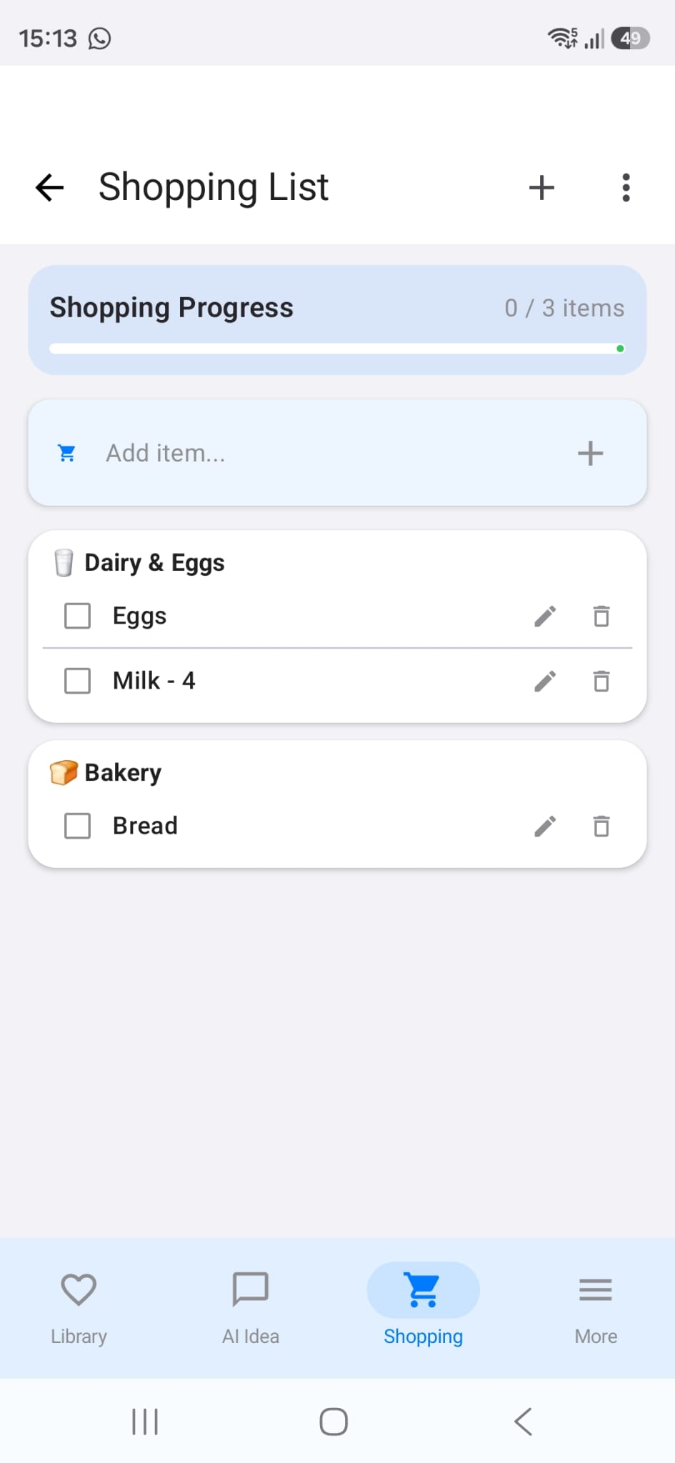 RecipeAI shopping list organized by category
