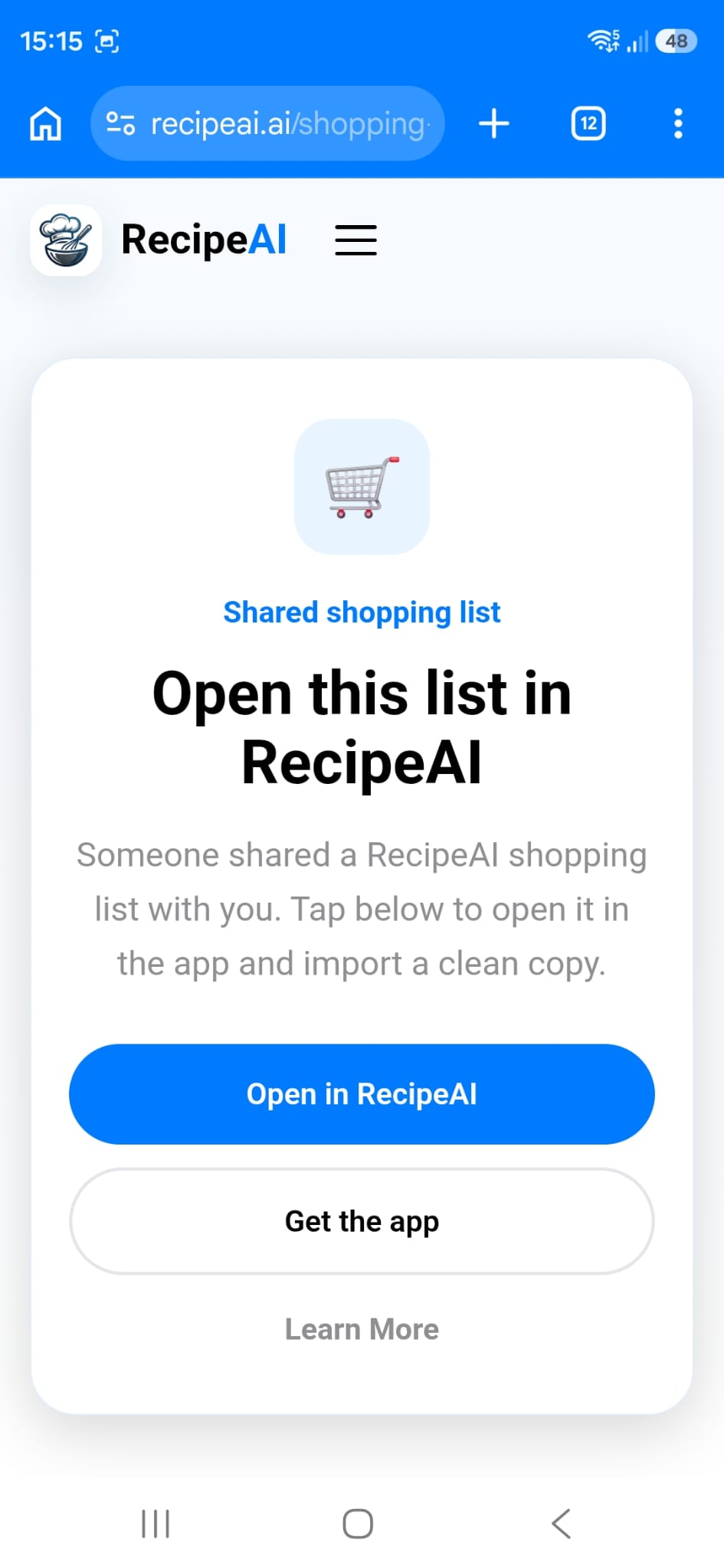 Shared shopping list page with Open in RecipeAI button