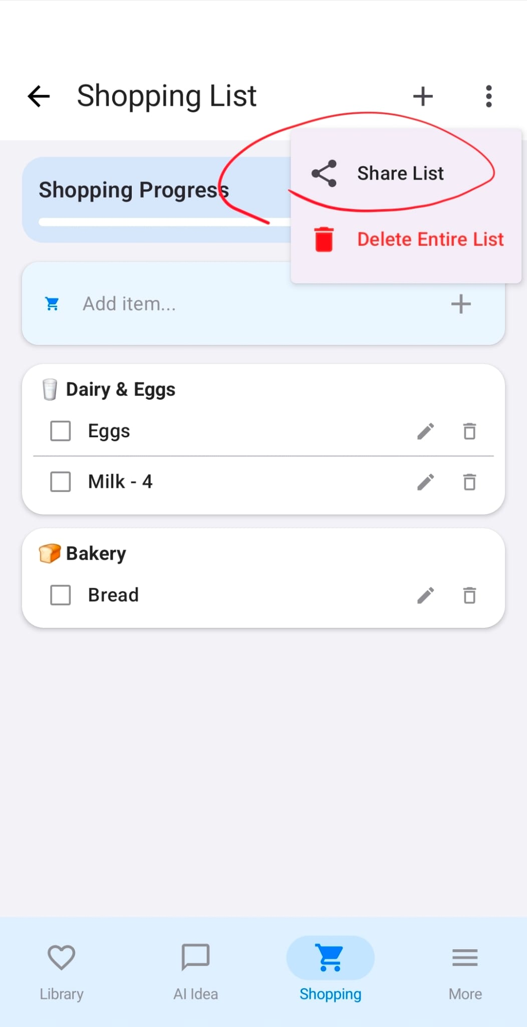 Share List option in RecipeAI