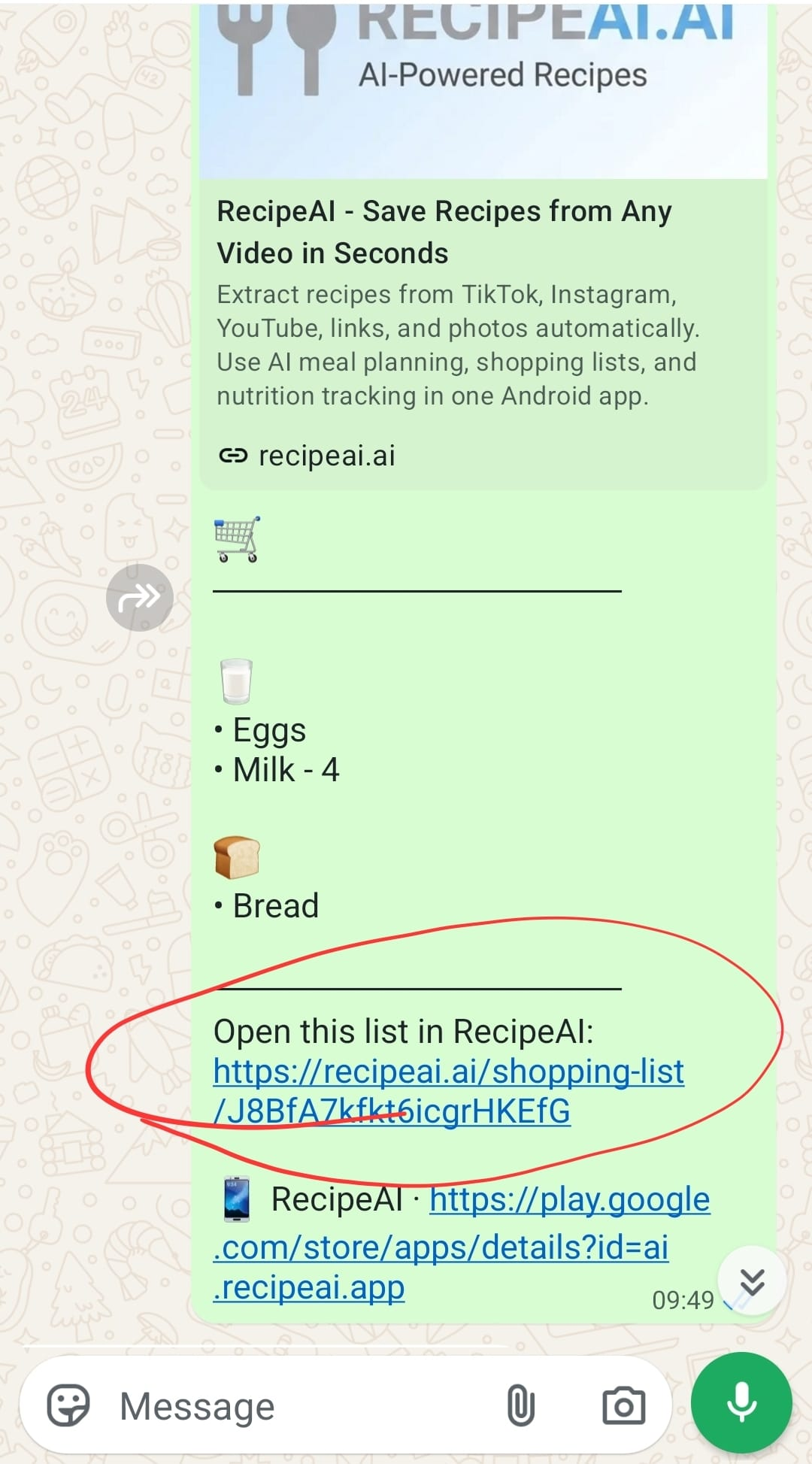RecipeAI shopping list shared in WhatsApp