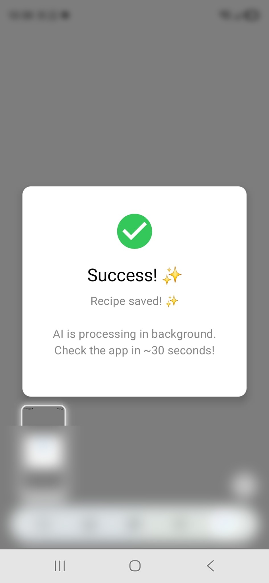 RecipeAI recipe saved success screen